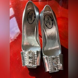 Prada Silver Heels with Crystal Embellishments